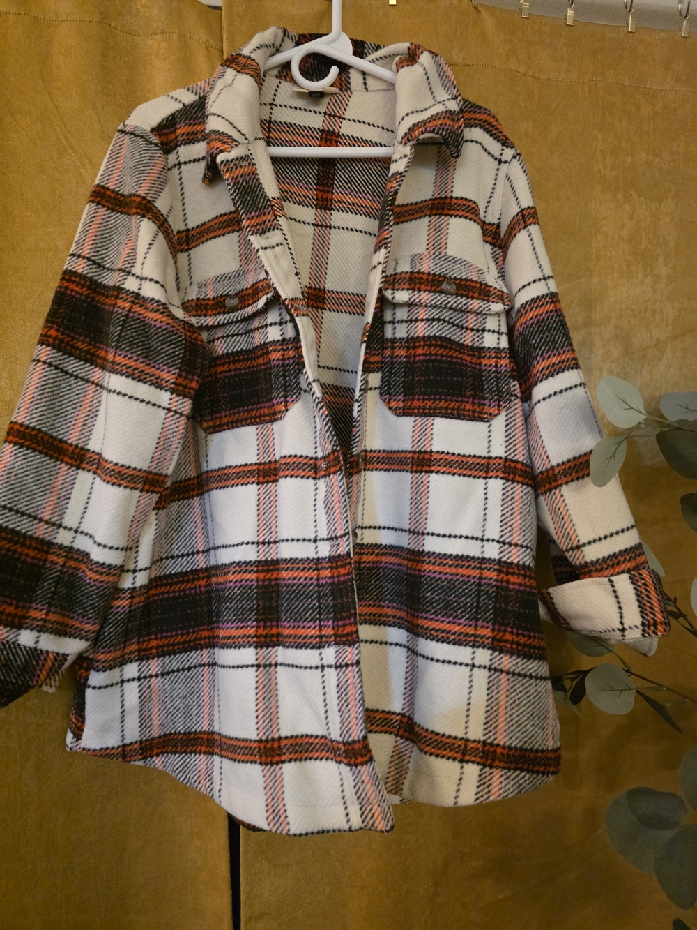 Universal Thread Plaid Shacket in Cream, Black & Orange with Pink Accents